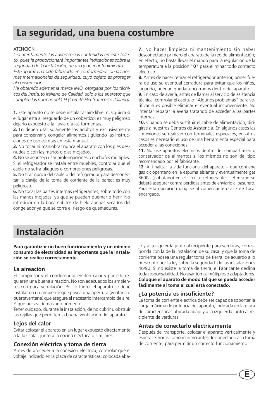 Instalación, La seguridad, una buena costumbre | Smeg CR330A User Manual | Page 49 / 61