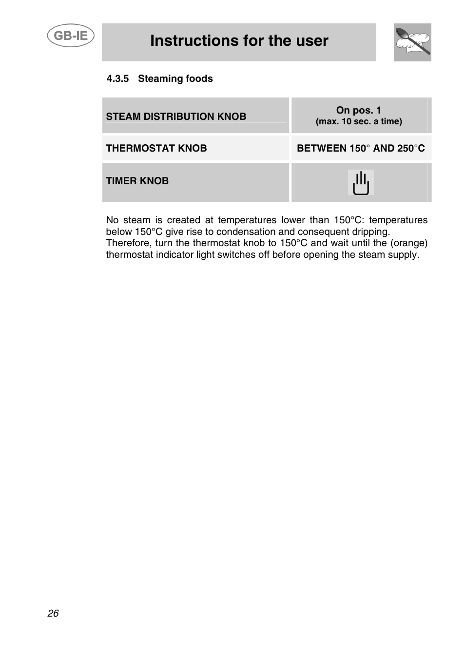 Instructions for the user, Steam distribution knob, On pos. 1 | Thermostat knob, Timer knob | Smeg ALFA200X User Manual | Page 10 / 14