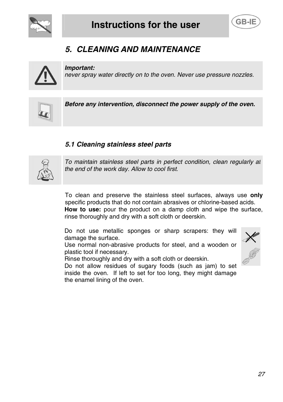 Instructions for the user, Cleaning and maintenance, 1 cleaning stainless steel parts | Smeg ALFA200X User Manual | Page 11 / 14