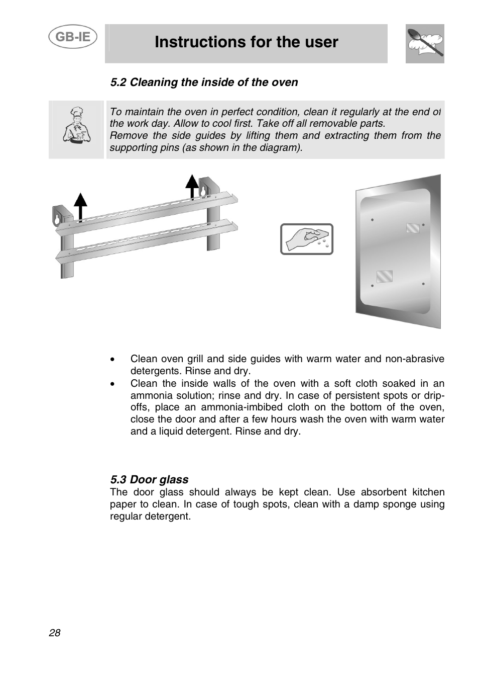 Instructions for the user, 2 cleaning the inside of the oven, 3 door glass | Smeg ALFA200X User Manual | Page 12 / 14