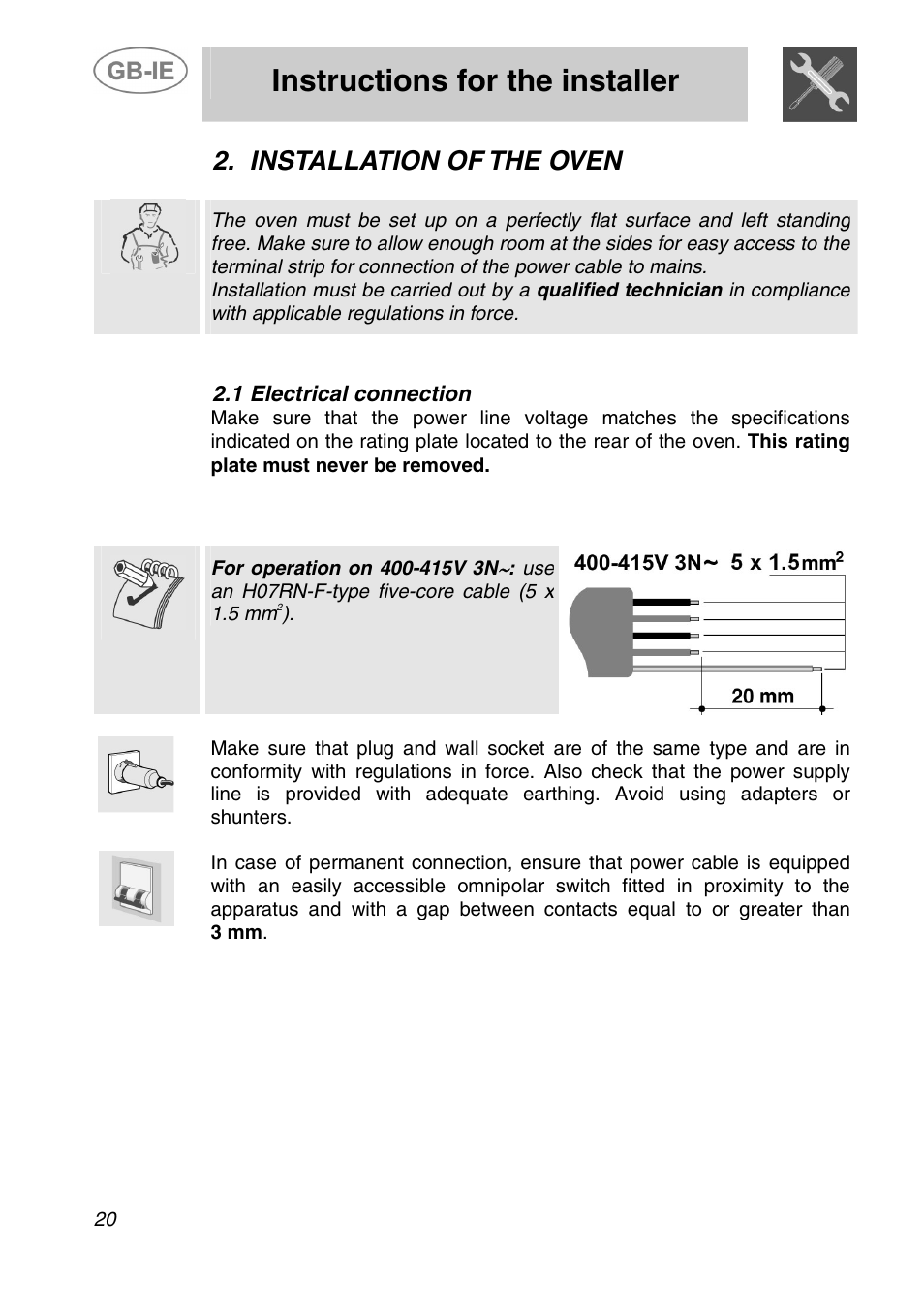 Instructions for the installer, Installation of the oven, 1 electrical connection | Smeg ALFA200X User Manual | Page 4 / 14