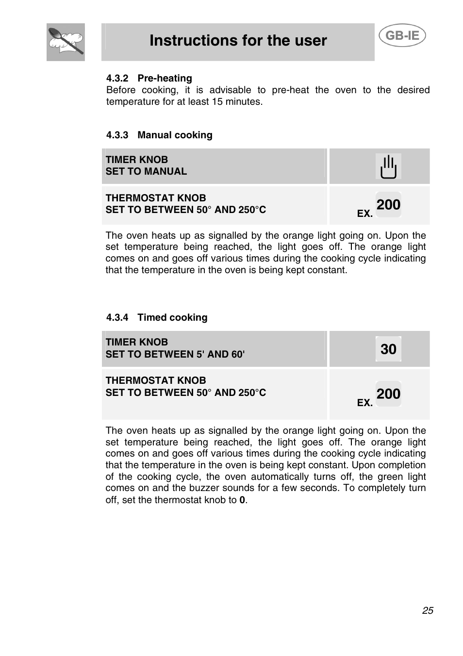 Instructions for the user, 3 manual cooking, Timer knob set to manual | 4 timed cooking, Timer knob set to between 5' and 60 | Smeg ALFA200X User Manual | Page 9 / 14