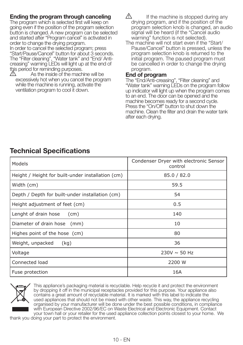 Technical specifications | Smeg AS 63 CS User Manual | Page 10 / 12