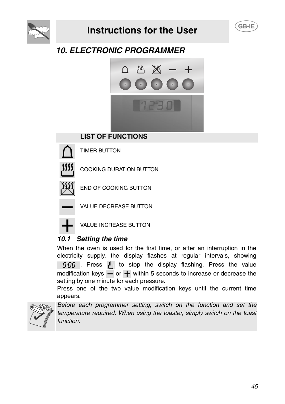 Electronic programmer, 1 setting the time, Instructions for the user | Smeg SE995XT-5 User Manual | Page 13 / 30