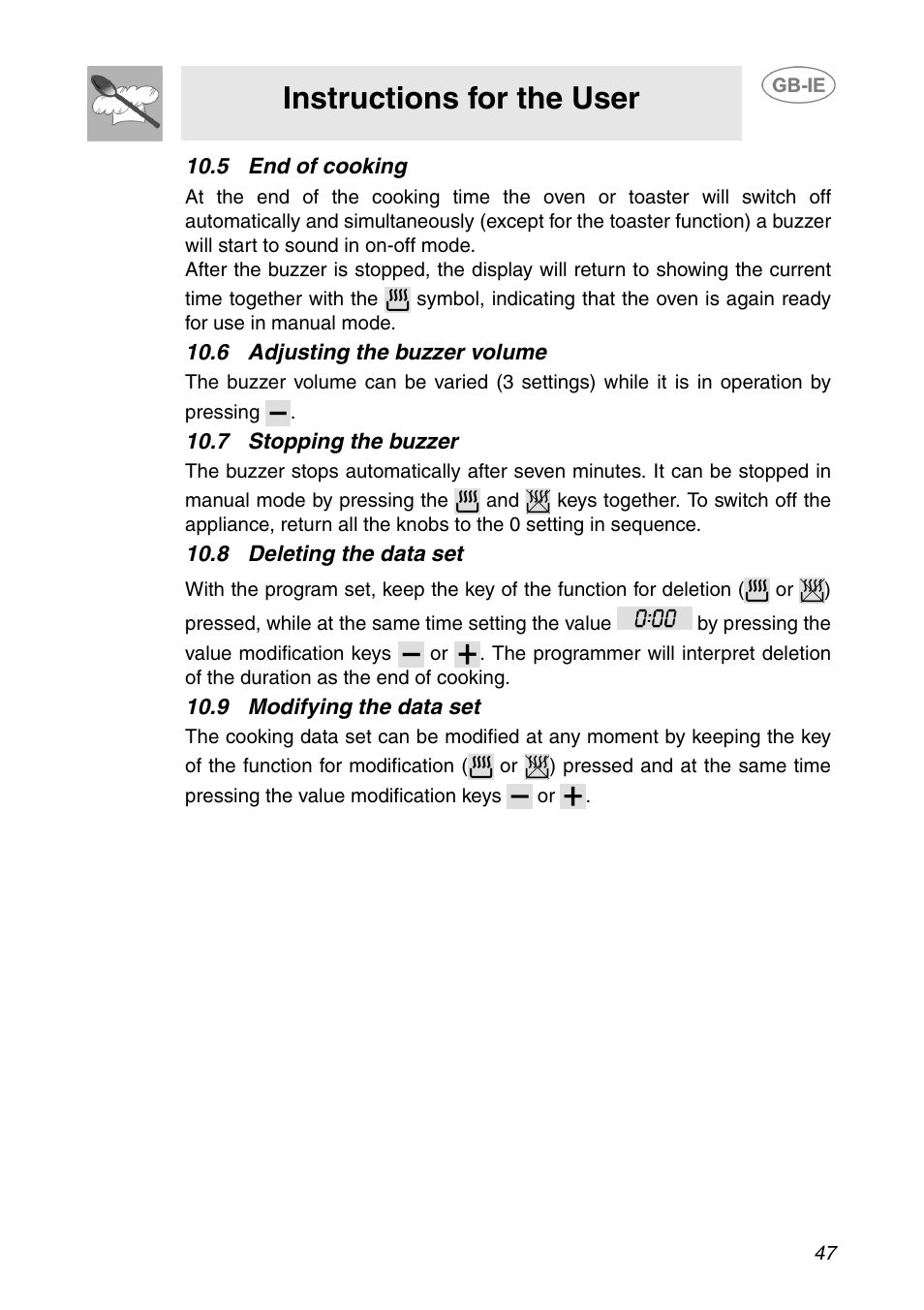 5 end of cooking, 6 adjusting the buzzer volume, 7 stopping the buzzer | 8 deleting the data set, 9 modifying the data set, Instructions for the user | Smeg SE995XT-5 User Manual | Page 15 / 30