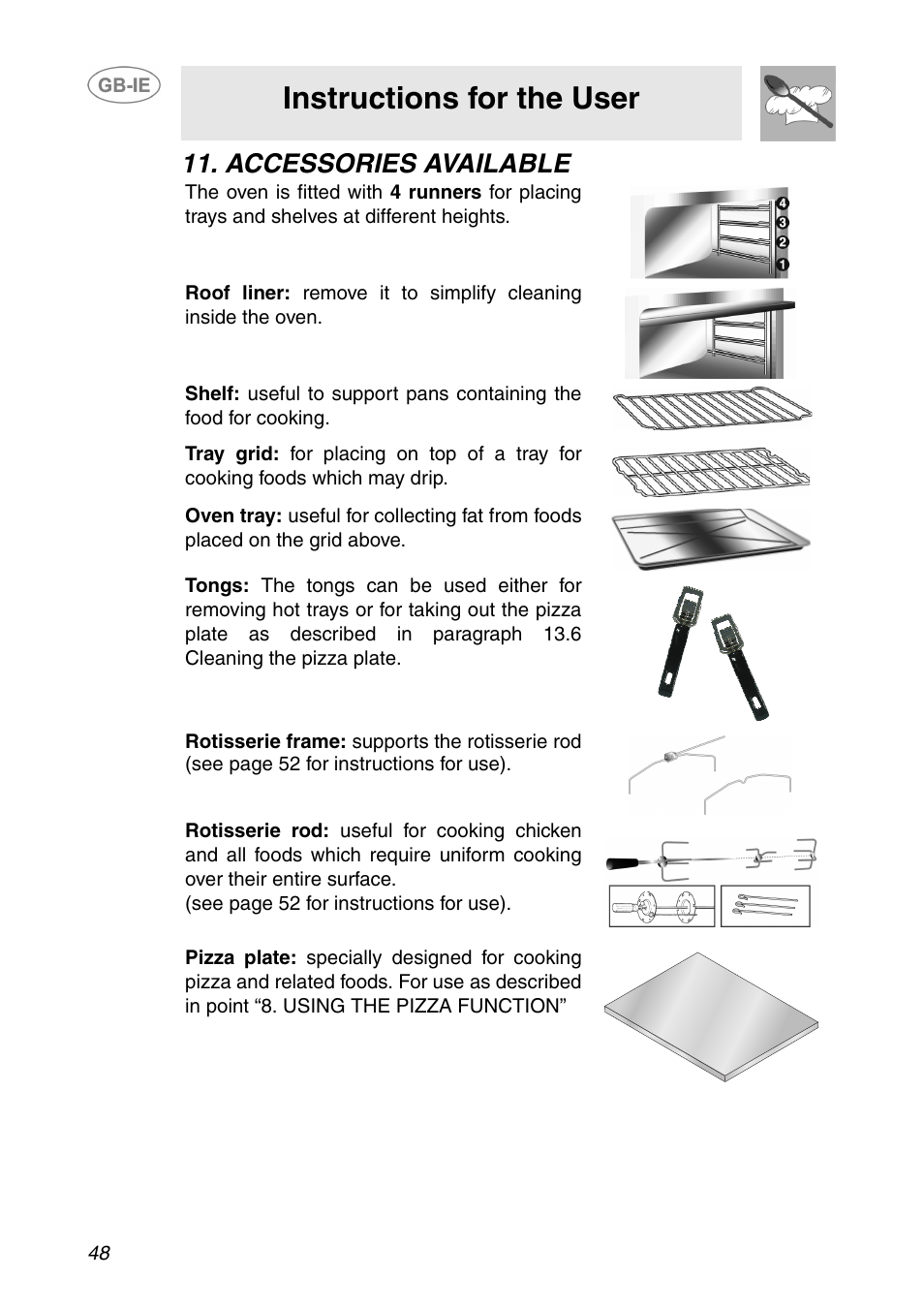 Accessories available, Instructions for the user | Smeg SE995XT-5 User Manual | Page 16 / 30