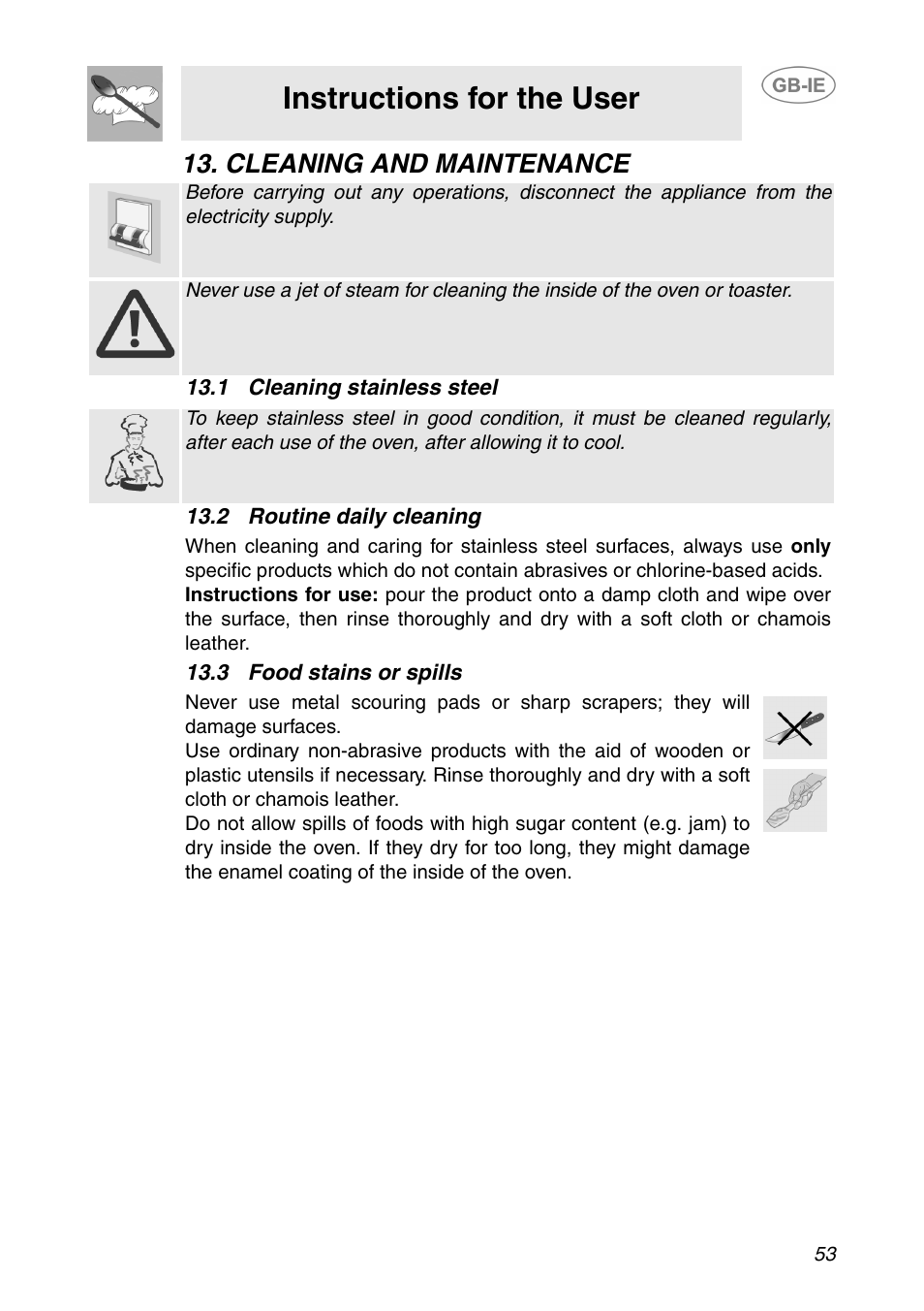 Cleaning and maintenance, 1 cleaning stainless steel, 2 routine daily cleaning | 3 food stains or spills, Instructions for the user | Smeg SE995XT-5 User Manual | Page 21 / 30