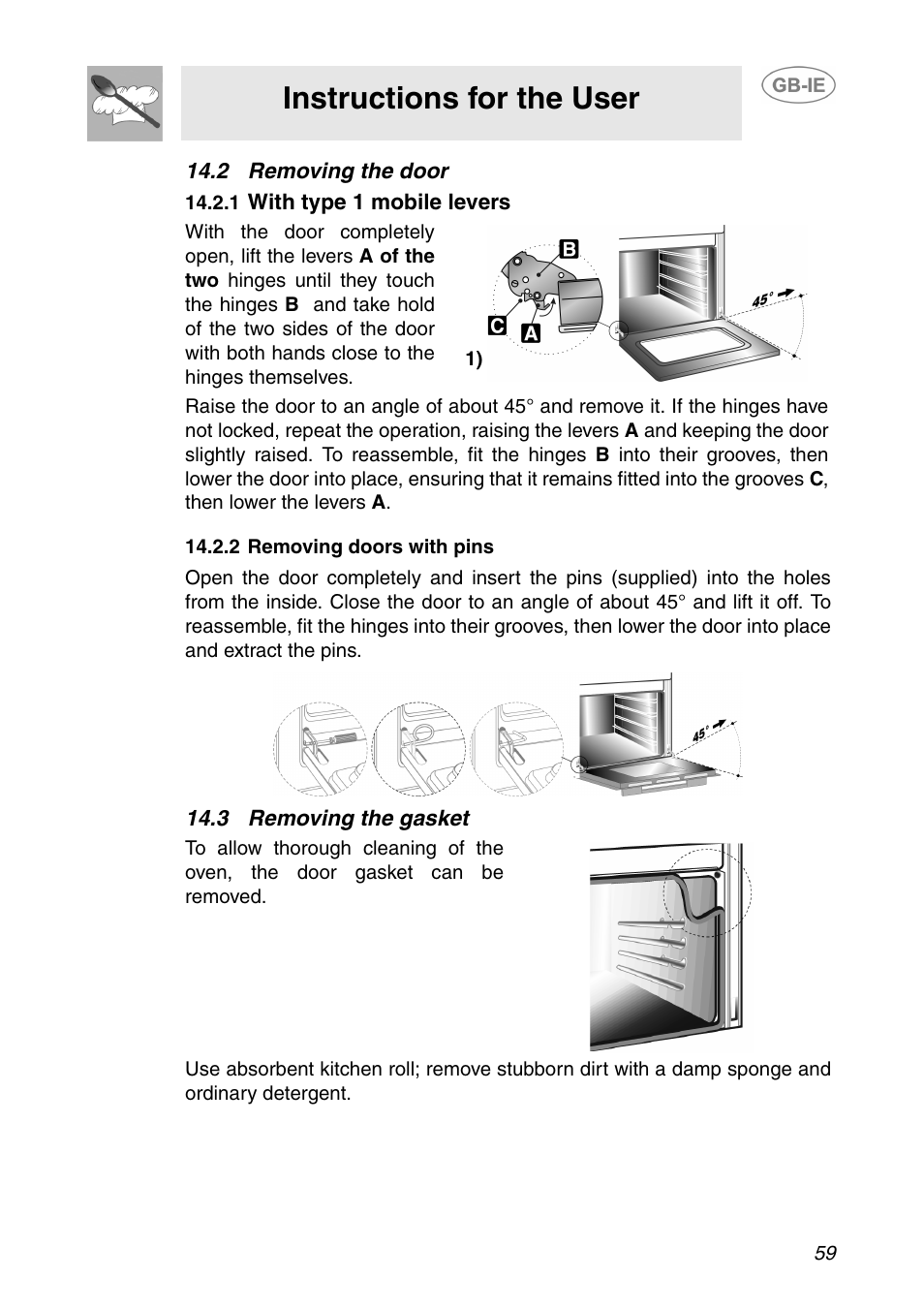 2 removing the door, 1 with type 1 mobile levers, 2 removing doors with pins | 3 removing the gasket, Instructions for the user | Smeg SE995XT-5 User Manual | Page 27 / 30