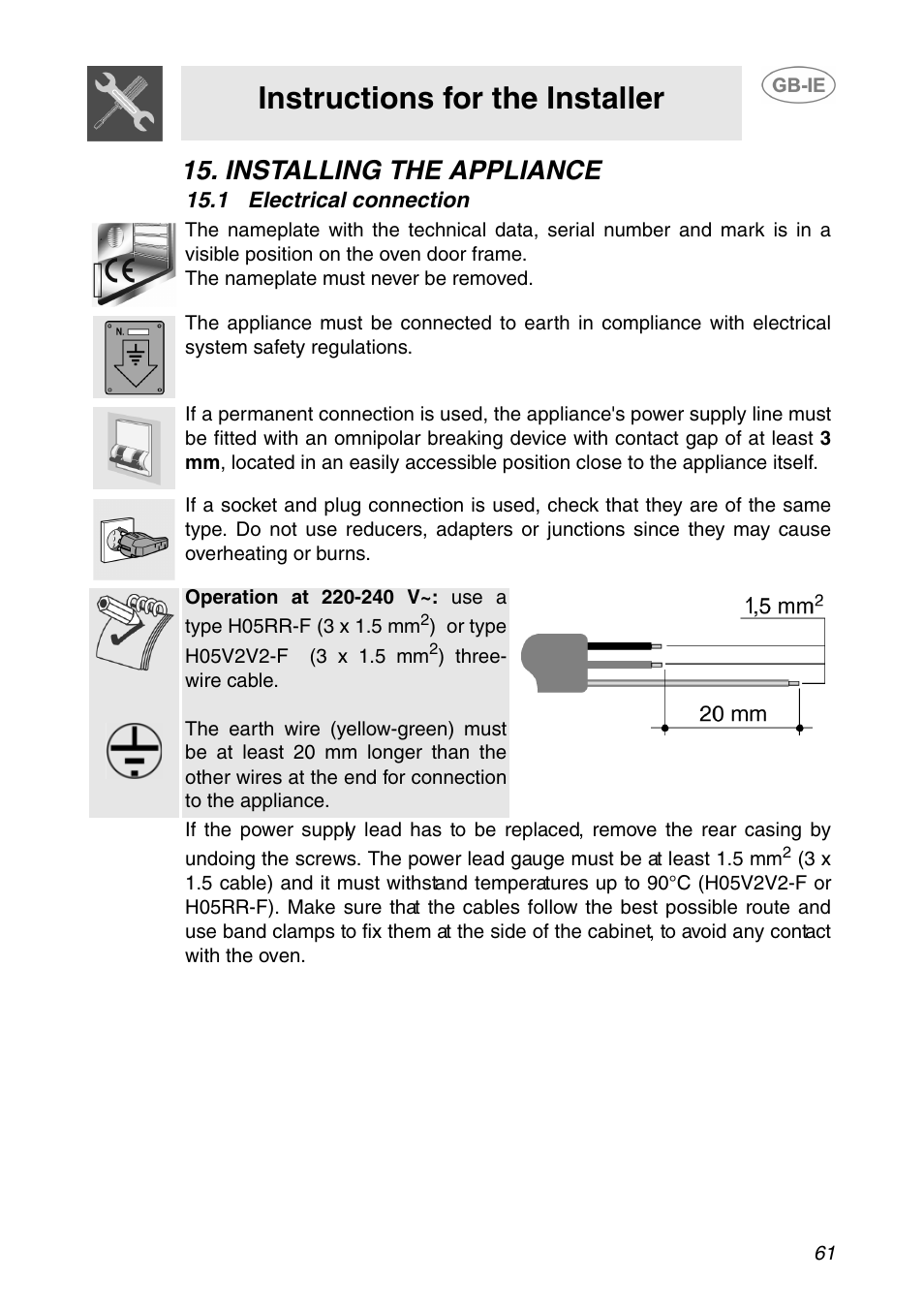 Installing the appliance, 1 electrical connection, Instructions for the installer | Smeg SE995XT-5 User Manual | Page 29 / 30