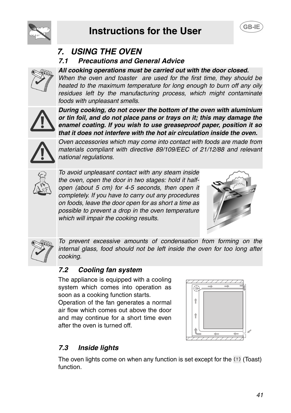 Using the oven, 1 precautions and general advice, 2 cooling fan system | 3 inside lights, Instructions for the user | Smeg SE995XT-5 User Manual | Page 9 / 30