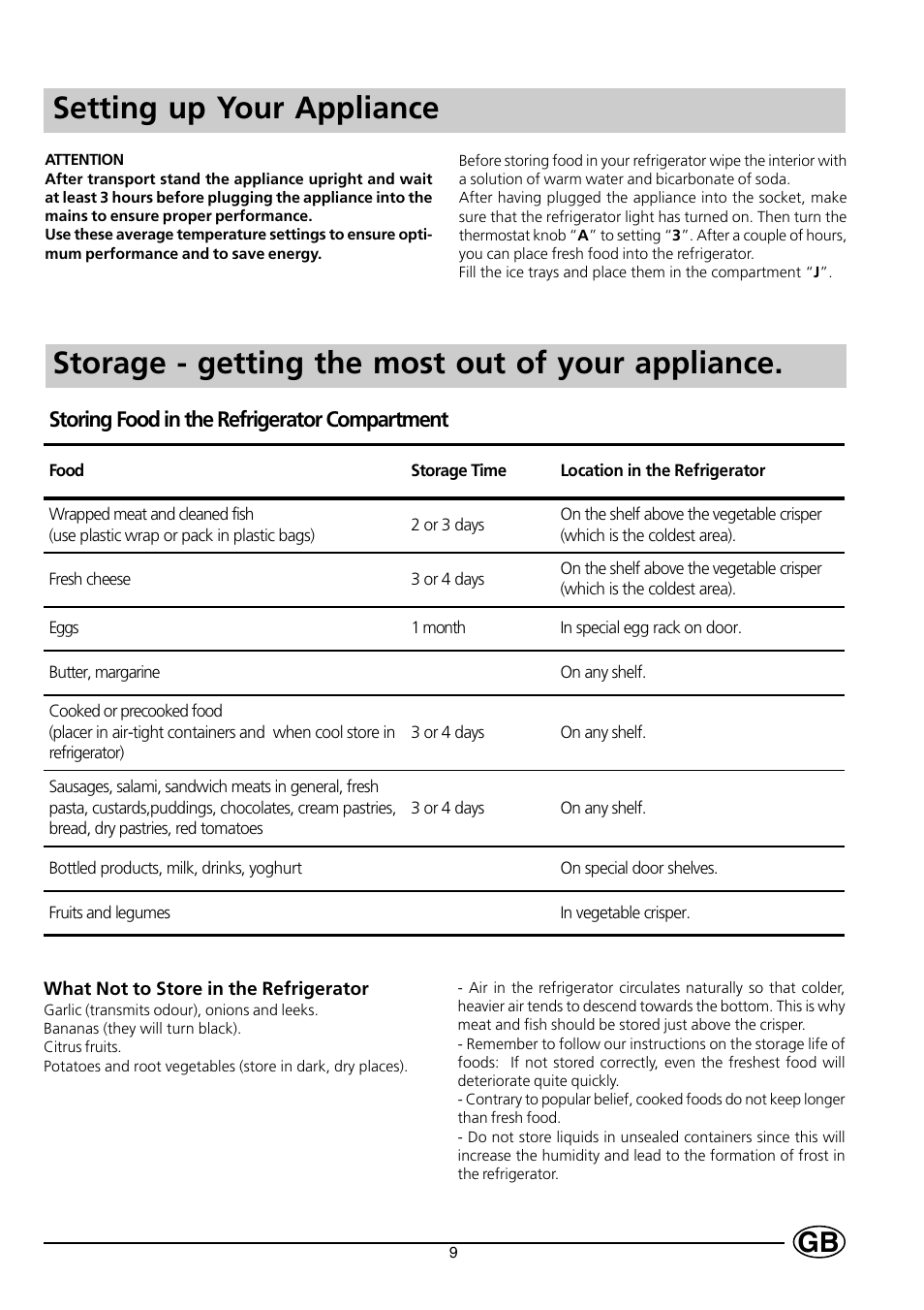 Storing food in the refrigerator compartment | Smeg FR150A User Manual | Page 11 / 37