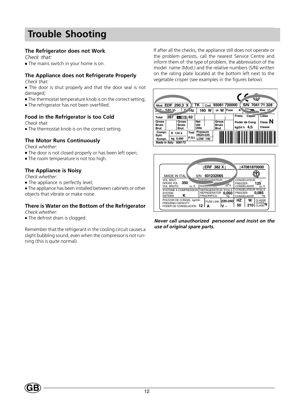 Trouble shooting, The refrigerator does not work check that, The appliance does not refrigerate properly | Food in the refrigerator is too cold, The motor runs continuously, The appliance is noisy, There is water on the bottom of the refrigerator, The mains switch in your home is on | Smeg FR150A User Manual | Page 14 / 37