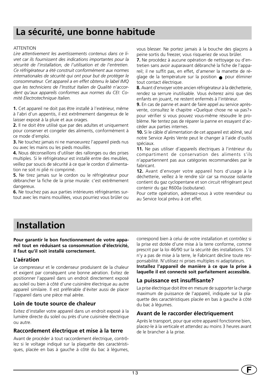 Installation, La sécurité, une bonne habitude | Smeg FR150A User Manual | Page 15 / 37
