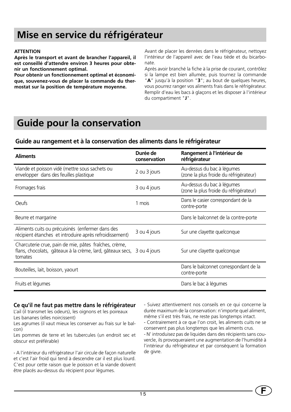 Mise en service du réfrigérateur, Guide pour la conservation | Smeg FR150A User Manual | Page 17 / 37