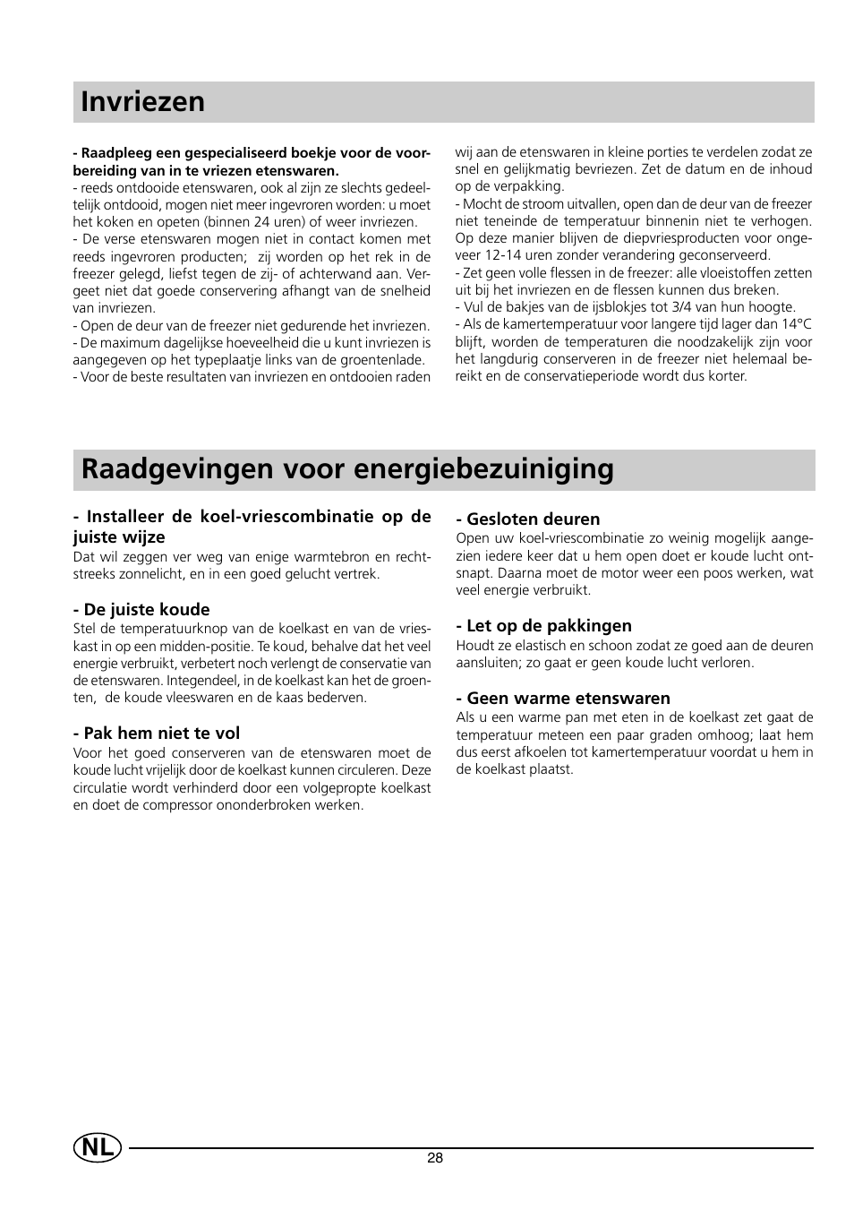 Raadgevingen voor energiebezuiniging, Invriezen | Smeg FR150A User Manual | Page 30 / 37