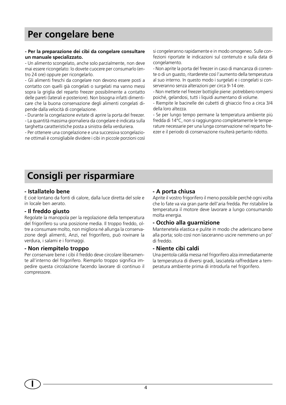 Consigli per risparmiare, Per congelare bene | Smeg FR150A User Manual | Page 6 / 37