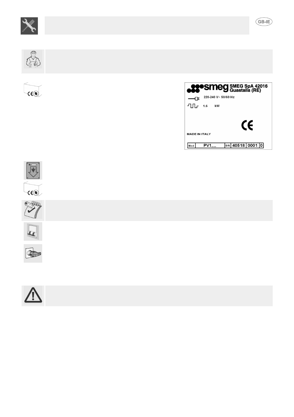 Installing the appliance, 1 technical specifications data plate, 2 electrical connection | 1 safety thermostat, Instructions for the installer | Smeg PV1SR User Manual | Page 8 / 9