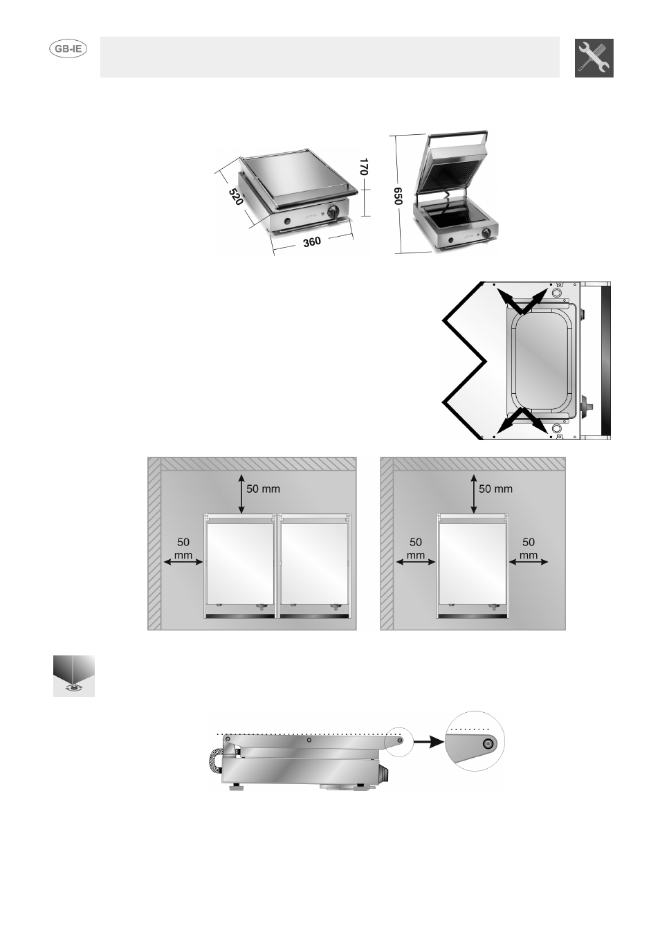 3 overall dimensions, 4 positioning the hotplate, 5 levelling the hotplate | Instructions for the installer | Smeg PV1SR User Manual | Page 9 / 9