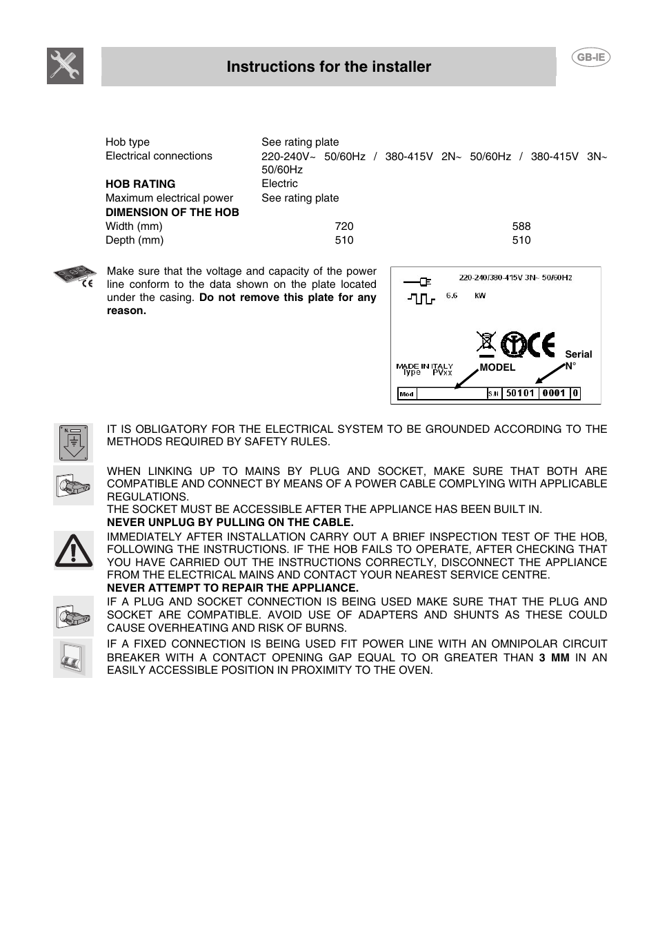Instructions for the installer, Installation | Smeg P662-1 User Manual | Page 12 / 15