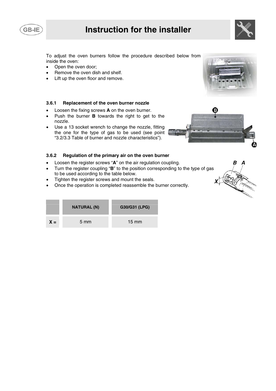 1 replacement of the oven burner nozzle, 2 regulation of the primary air on the oven burner, Instruction for the installer | X = 5 mm 15 mm | Smeg JGB95XD1S User Manual | Page 11 / 27