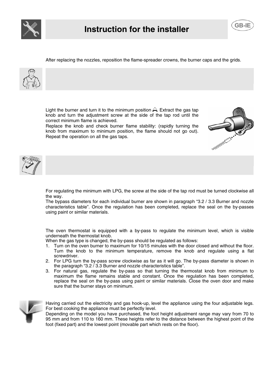 4 final operations, 3 regulation of the oven burner minimum level, Instruction for the installer | Smeg JGB95XD1S User Manual | Page 12 / 27