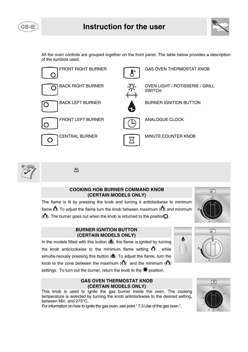 5 description of front panel controls, Instruction for the user | Smeg JGB95XD1S User Manual | Page 13 / 27