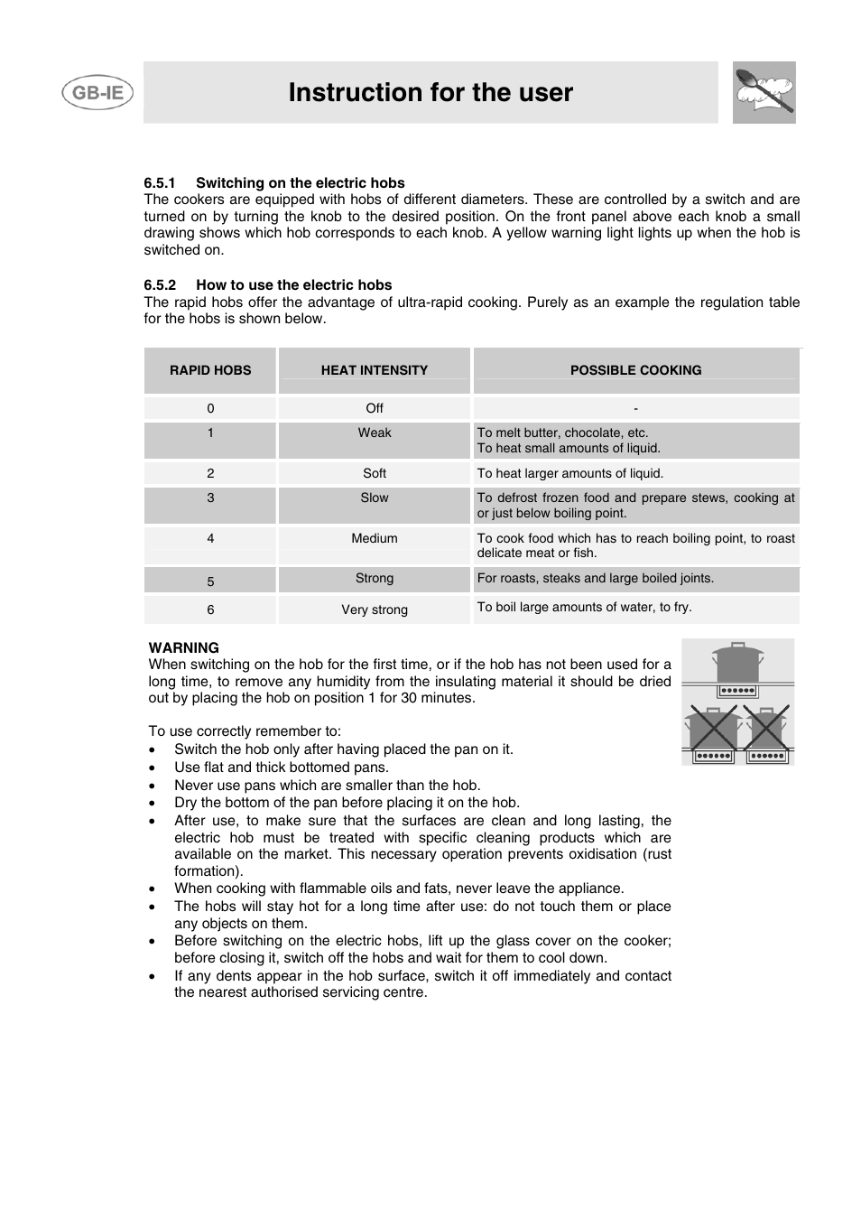 5 switching on the electric hob, 1 switching on the electric hobs, 2 how to use the electric hobs | Instruction for the user, Rapid hobs heat intensity possible cooking, Weak, Soft, Slow, Medium, Strong | Smeg JGB95XD1S User Manual | Page 17 / 27