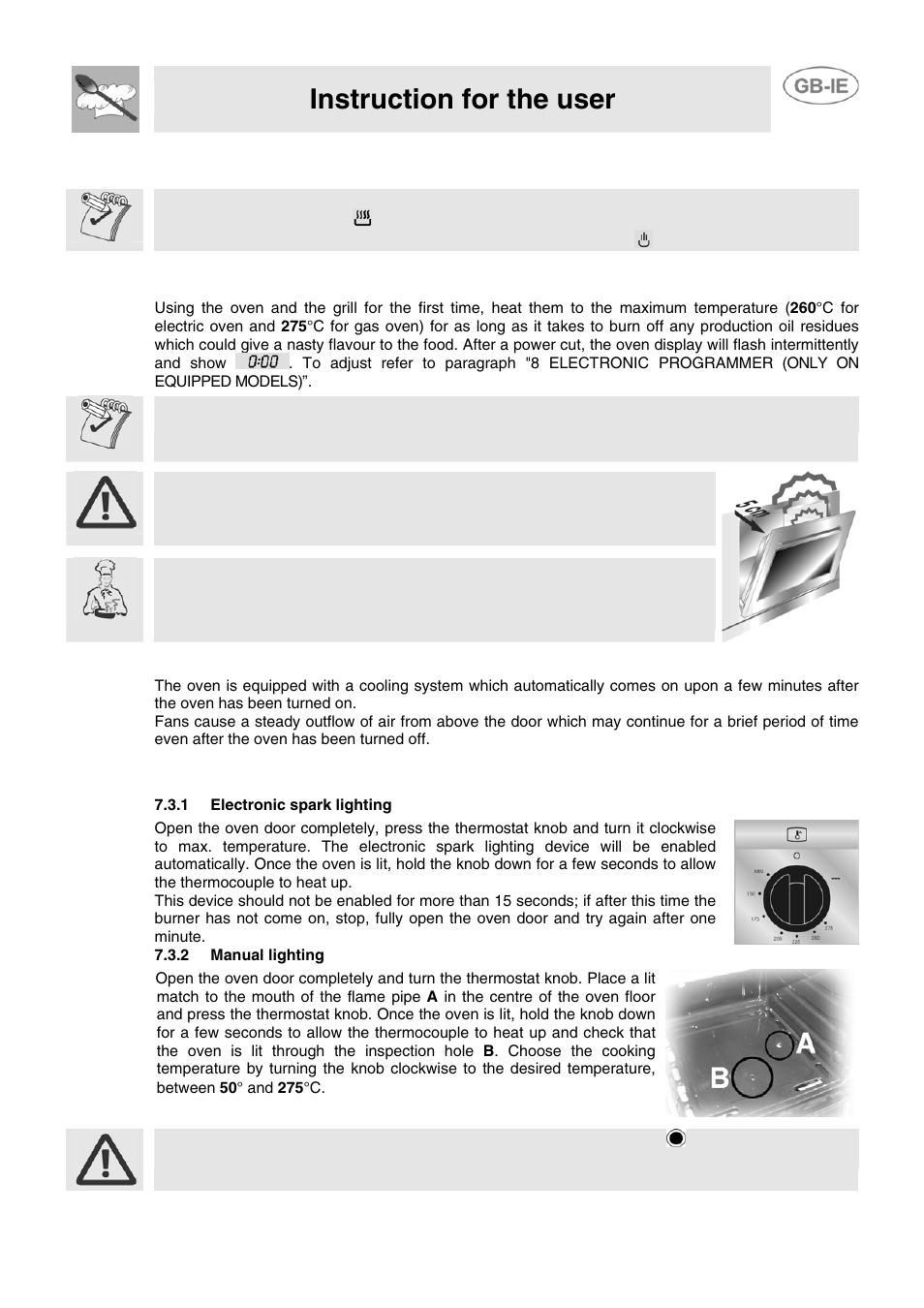 7 use of the oven, 1 warnings and general advice, 2 cooling system | 3 use of the gas oven, 1 electronic spark lighting, 2 manual lighting, Instruction for the user | Smeg JGB95XD1S User Manual | Page 18 / 27