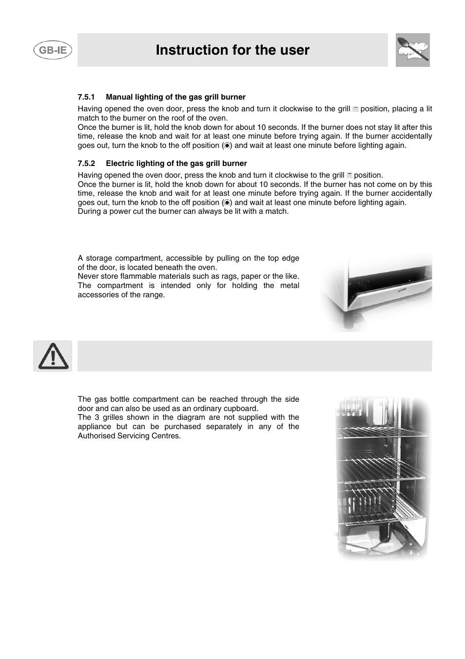 5 use of the gas grill, 1 manual lighting of the gas grill burner, 2 electric lighting of the gas grill burner | 6 storage compartment, 7 gas bottle compartment (certain models only), Instruction for the user | Smeg JGB95XD1S User Manual | Page 21 / 27