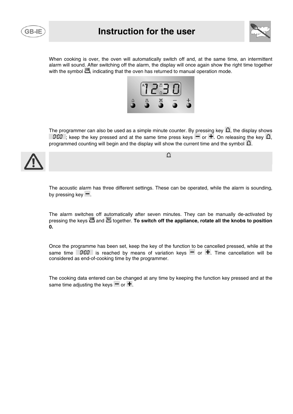 4 end of cooking, 5 minute counter, 6 adjusting alarm volume | 7 switching off the alarm, 8 cancellation of set data, 9 changing the set data, Instruction for the user | Smeg JGB95XD1S User Manual | Page 23 / 27