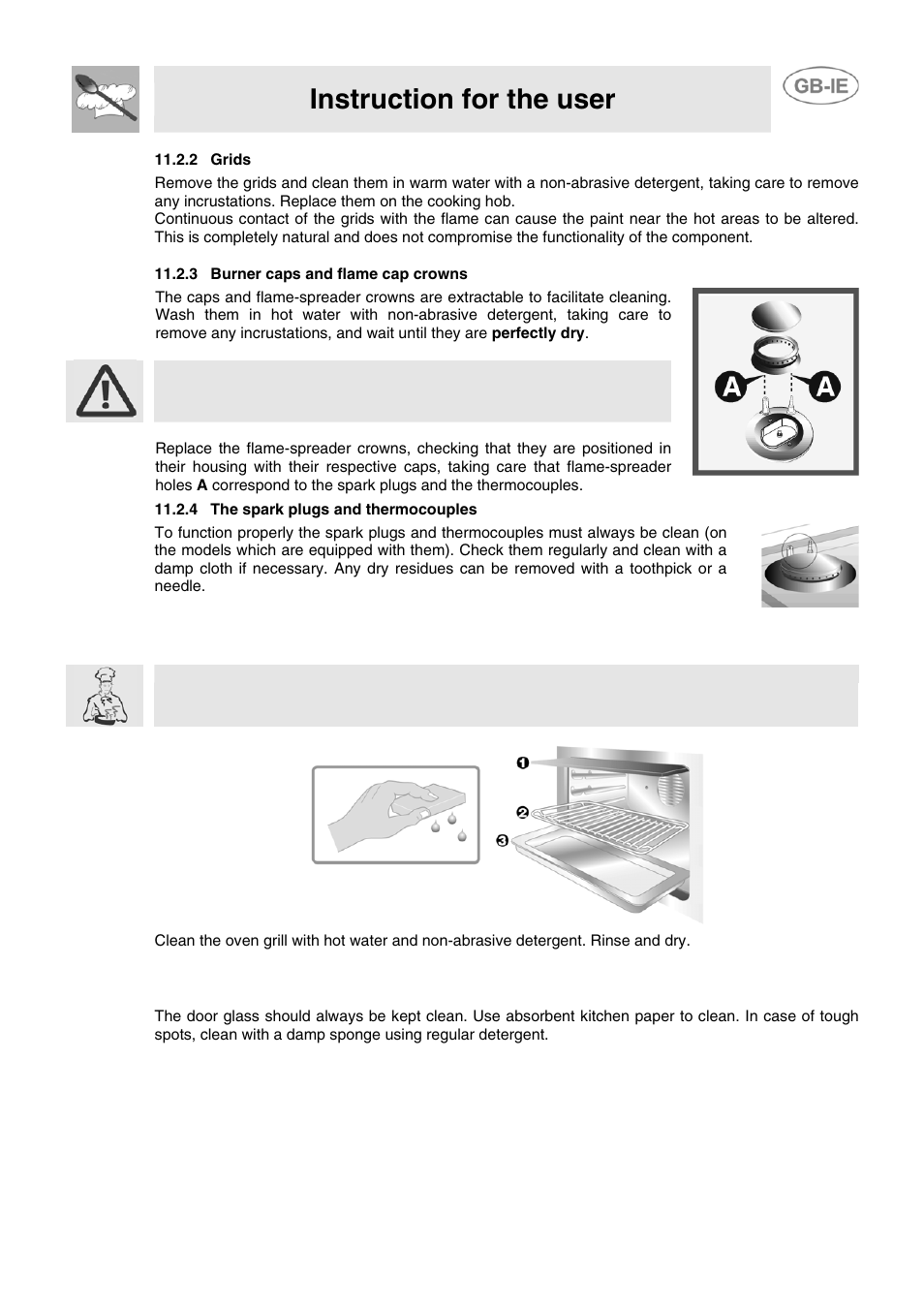 2 grids, 3 burner caps and flame cap crowns, 4 the spark plugs and thermocouples | 3 cleaning of oven, 4 door glass, Instruction for the user | Smeg JGB95XD1S User Manual | Page 26 / 27