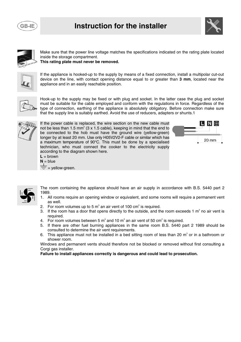 1 electrical connection, 2 ventilation requirements, Instruction for the installer | Smeg JGB95XD1S User Manual | Page 5 / 27