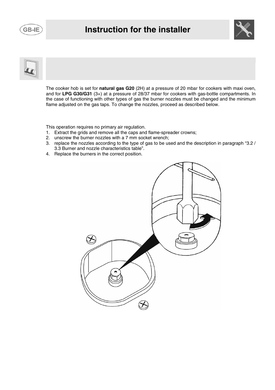 3 adaptation to different types of gas, 1 replacement of nozzles on the hob, Instruction for the installer | Smeg JGB95XD1S User Manual | Page 7 / 27