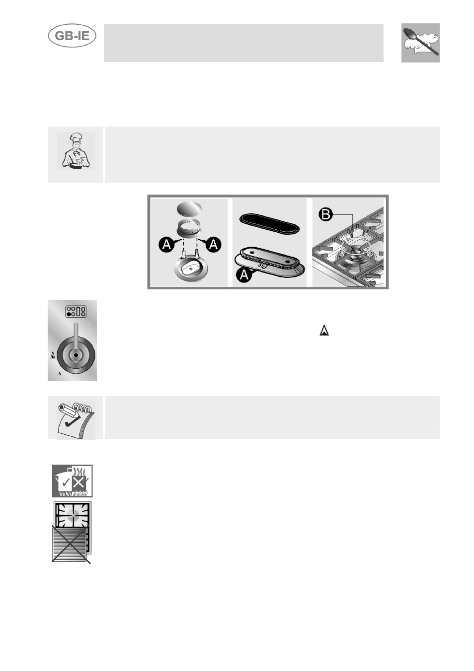 Use of the cooking hob, Lighting of the cooking hob burners, Practical advice for using the cooking hob burners | Instructions for the user, 1 lighting of the cooking hob burners | Smeg Dual Fuel Cooker A3-5 User Manual | Page 18 / 36