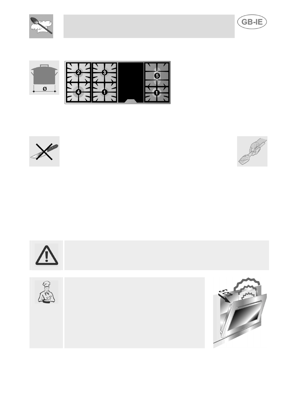 Diameter of containers, Using the griddle plate, Use of the ovens | Warnings and general advice, Instructions for the user, 3 diameter of containers, 4 using the griddle plate, 1 warnings and general advice | Smeg Dual Fuel Cooker A3-5 User Manual | Page 19 / 36