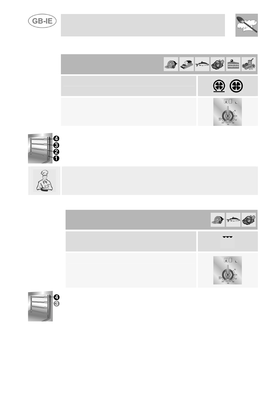 Hot-air cooking (main oven), Grill cooking (main oven), Instructions for the user | 2 hot-air cooking (main oven), 3 grill cooking (main oven), Function switch, Thermostat switch at maximum | Smeg Dual Fuel Cooker A3-5 User Manual | Page 24 / 36