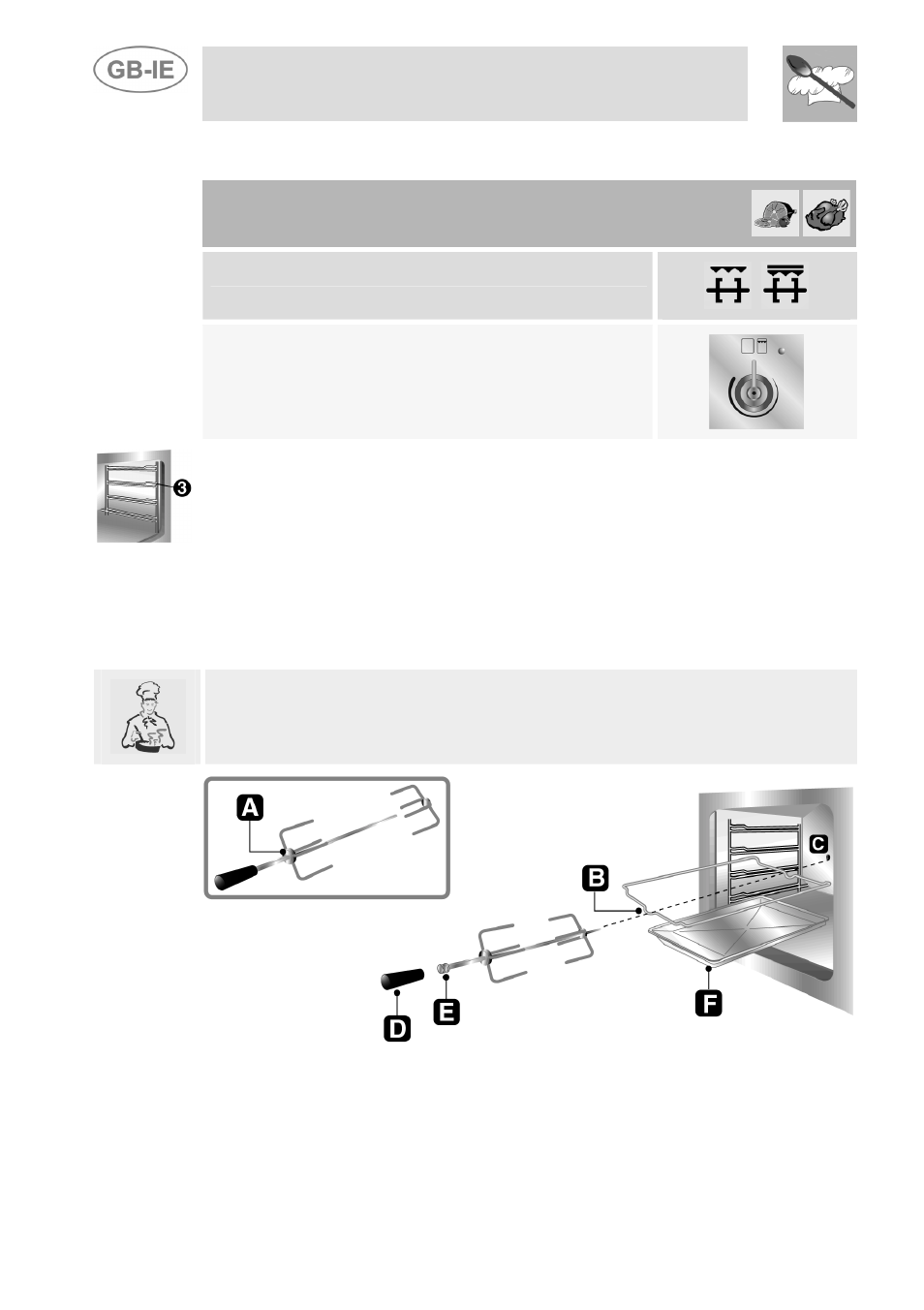 Spit cooking (auxiliary oven), Instructions for the user, 9 spit cooking (auxiliary oven) | Function switch, Variable grill choice between min. and ¾ max | Smeg Dual Fuel Cooker A3-5 User Manual | Page 28 / 36