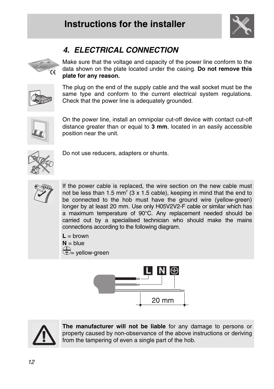 Electrical connection, Instructions for the installer, Do not use reducers, adapters or shunts | L = brown n = blue = yellow-green | Smeg CIR60X User Manual | Page 10 / 24