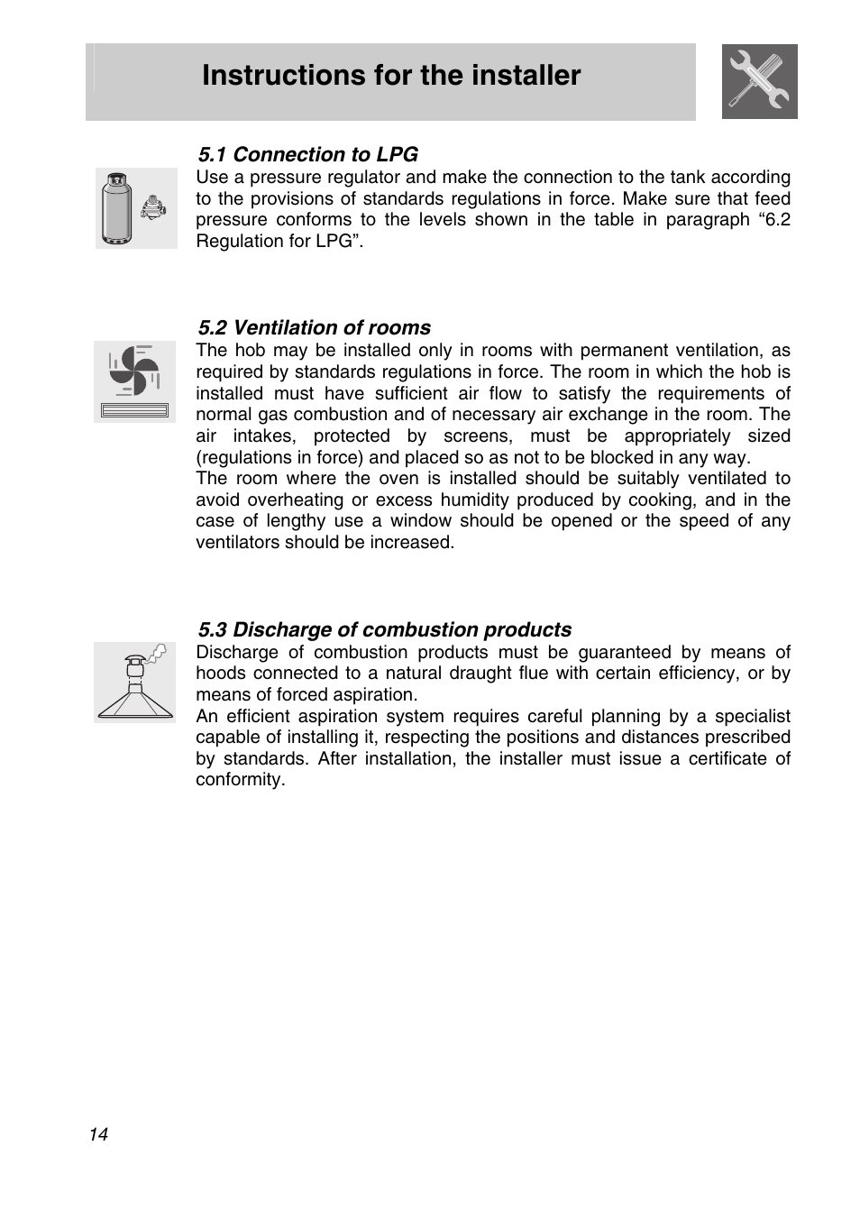 Connection to lpg, 2 ventilation of rooms, 3 discharge of combustion products | Instructions for the installer | Smeg CIR60X User Manual | Page 12 / 24