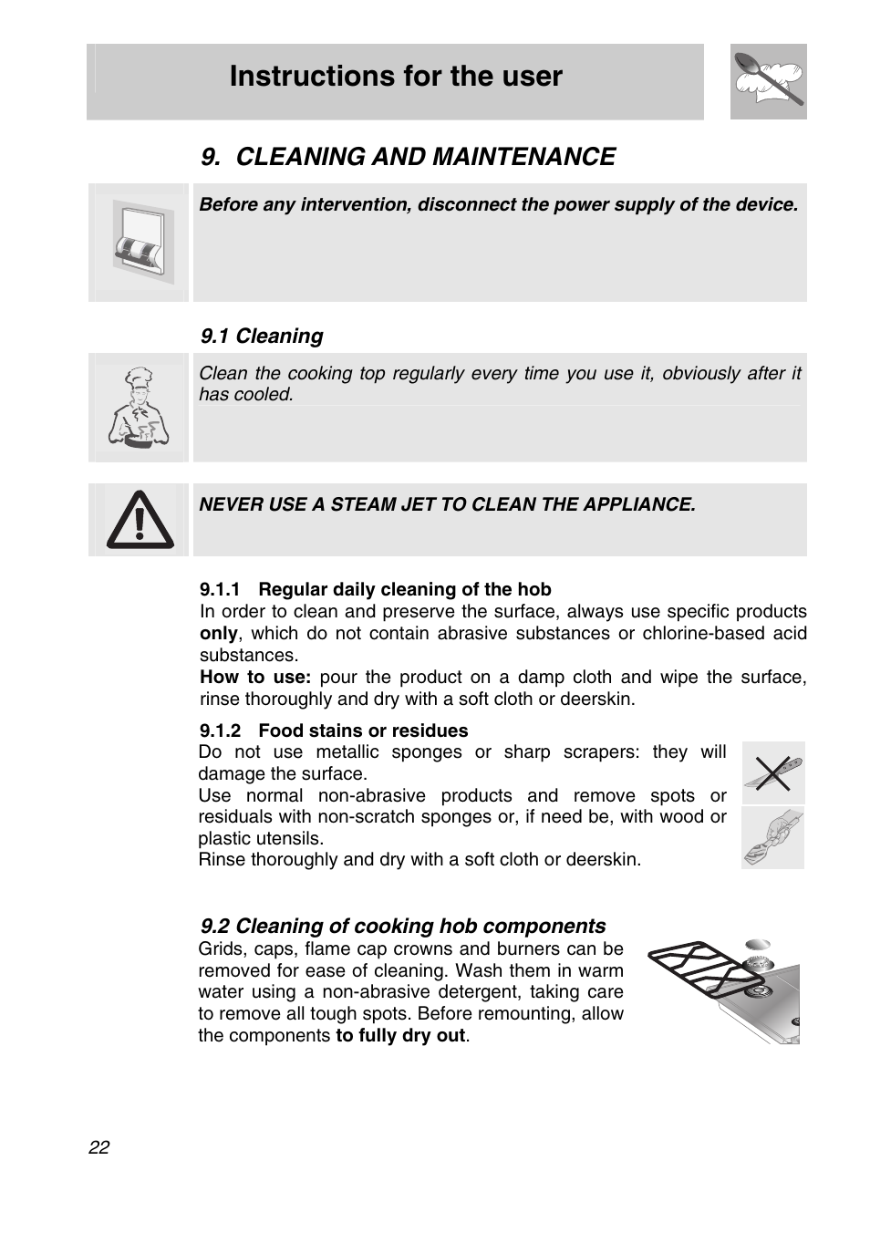 Cleaning and maintenance, 1 cleaning, 1 regular daily cleaning of the hob | 2 food stains or residues, 2 cleaning of cooking hob components, Instructions for the user | Smeg CIR60X User Manual | Page 20 / 24