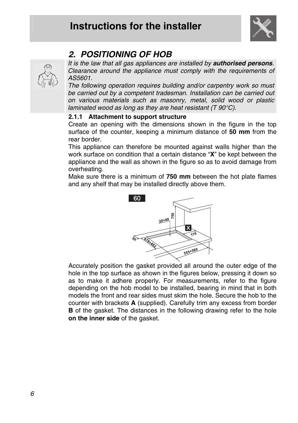 Positioning of hob, 1 attachment to support structure, Instructions for the installer | Smeg CIR60X User Manual | Page 4 / 24