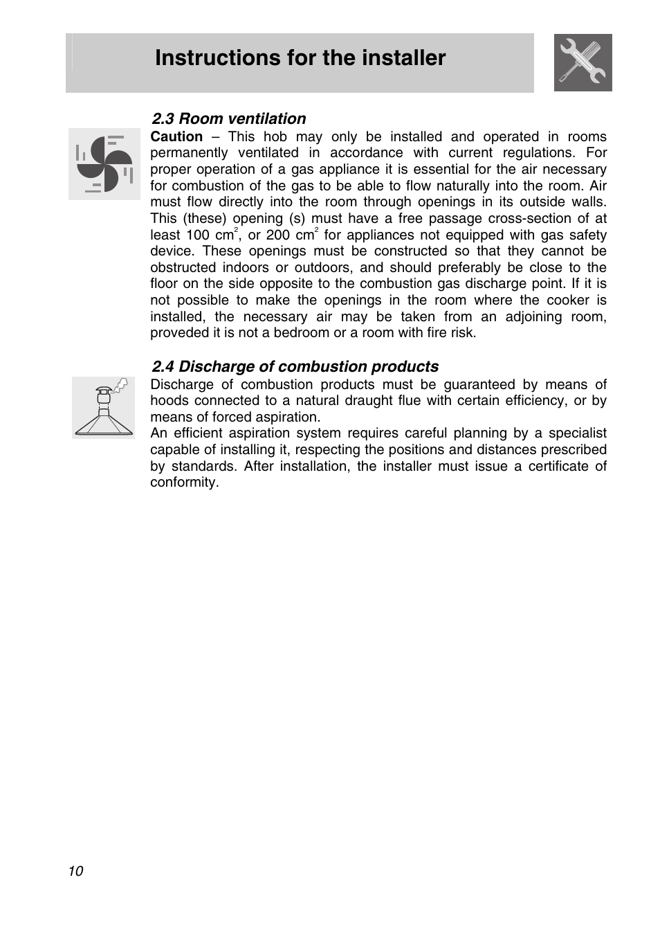 Room ventilation, 4 discharge of combustion products, Instructions for the installer | Smeg CIR60X User Manual | Page 8 / 24