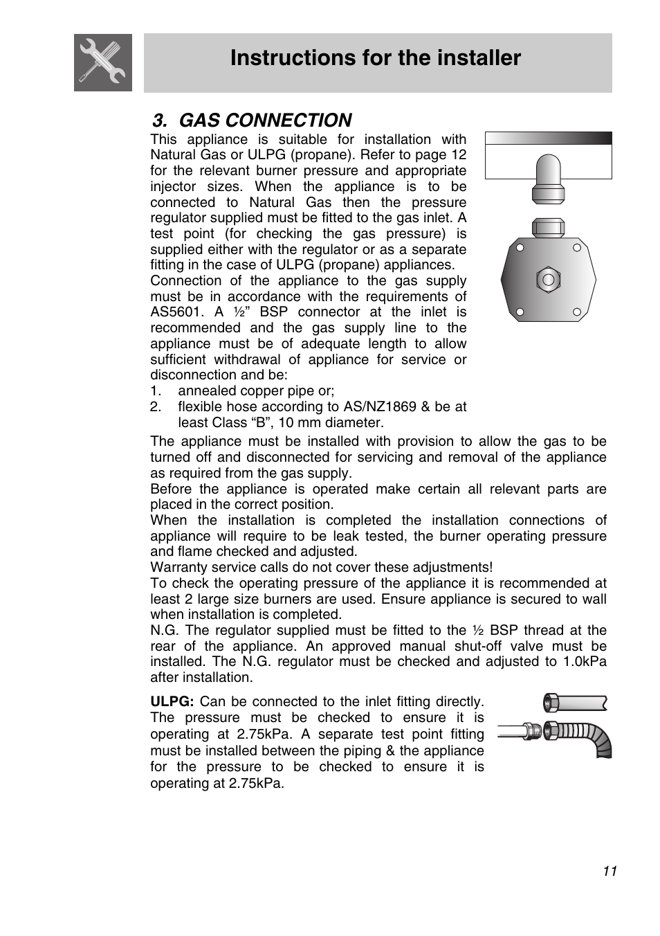 Gas connection, Instructions for the installer | Smeg CIR60X User Manual | Page 9 / 24