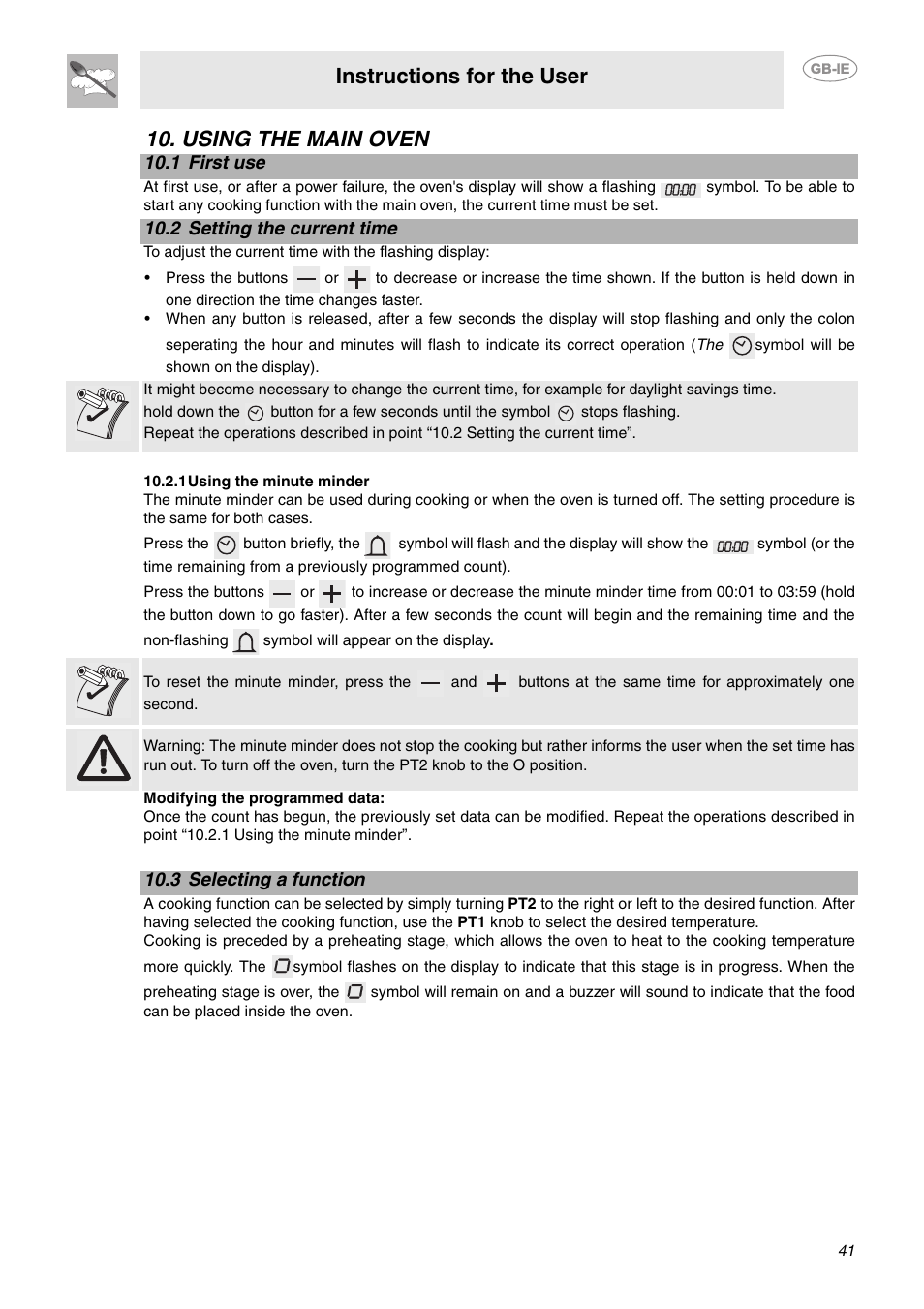 Using the main oven, 1 first use, 2 setting the current time | 1 using the minute minder, 3 selecting a function, Instructions for the user | Smeg CE6IPX User Manual | Page 10 / 29