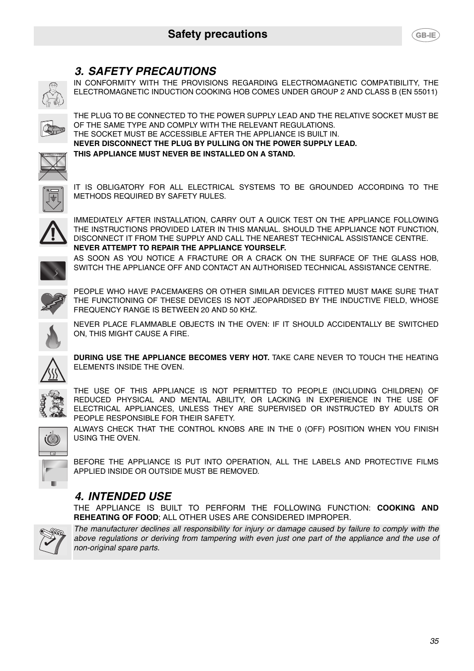 Safety precautions, Intended use, Safety precautions 4. intended use | Smeg CE6IPX User Manual | Page 4 / 29