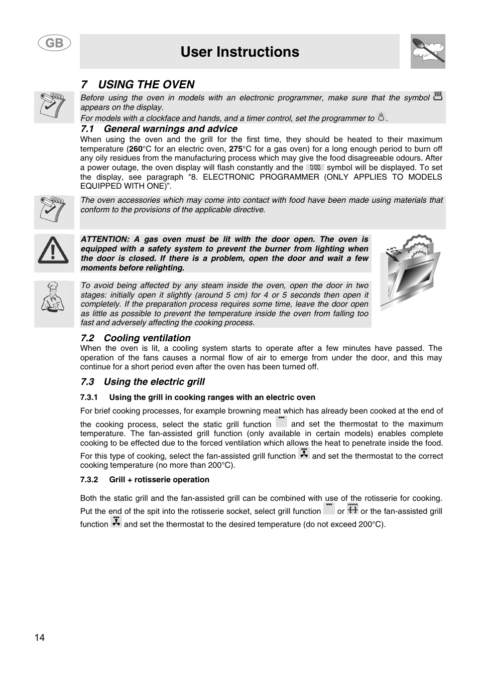 7 using the oven, 1 general warnings and advice, 2 cooling ventilation | 3 using the electric grill, 2 grill + rotisserie operation, Using the oven, User instructions | Smeg CS15-5 User Manual | Page 12 / 20
