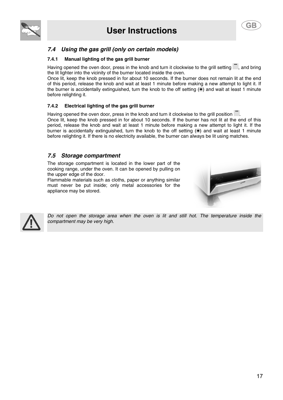 4 using the gas grill (only on certain models), 1 manual lighting of the gas grill burner, 2 electrical lighting of the gas grill burner | 5 storage compartment, User instructions | Smeg CS15-5 User Manual | Page 15 / 20