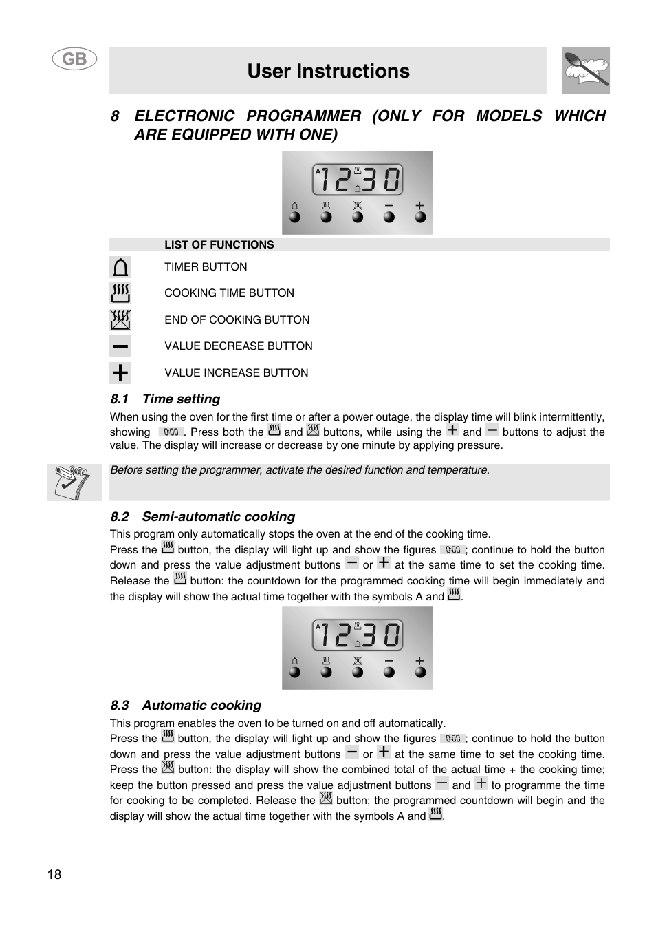 1 time setting, 2 semi-automatic cooking, 3 automatic cooking | One), User instructions | Smeg CS15-5 User Manual | Page 16 / 20