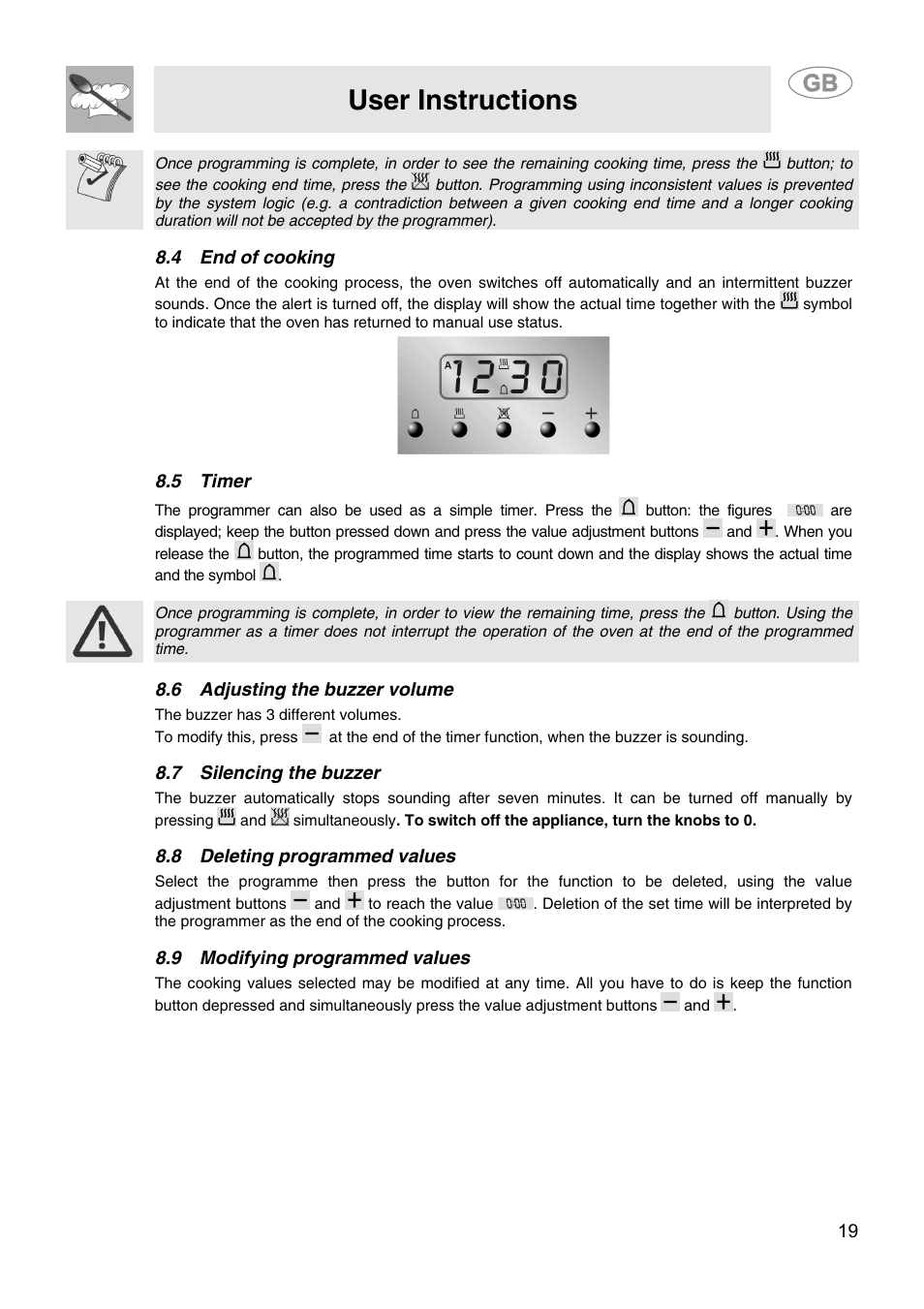 4 end of cooking, 5 timer, 6 adjusting the buzzer volume | 7 silencing the buzzer, 8 deleting programmed values, 9 modifying programmed values, User instructions | Smeg CS15-5 User Manual | Page 17 / 20