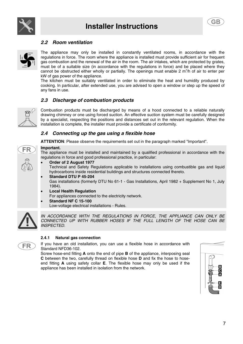 2 room ventilation, 3 discharge of combustion products, 4 connecting up the gas using a flexible hose | 1 natural gas connection, Installer instructions | Smeg CS15-5 User Manual | Page 5 / 20